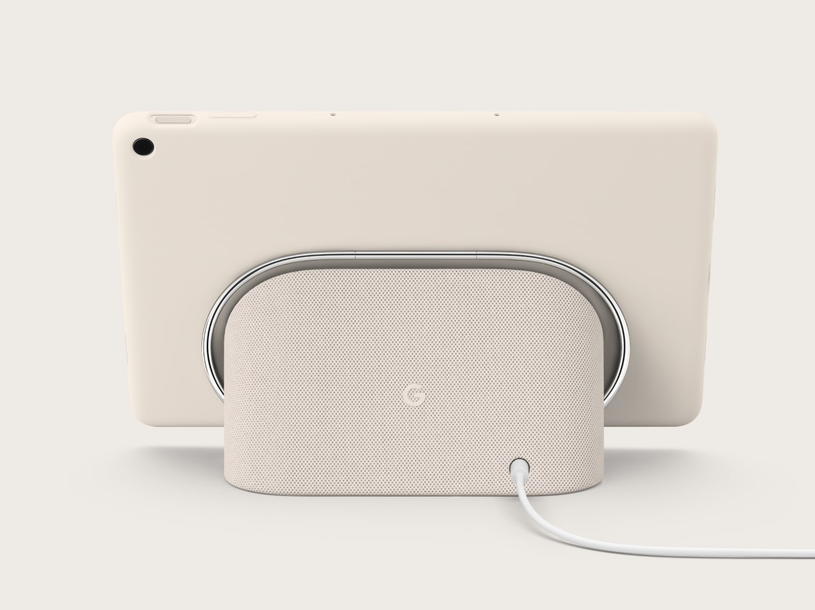 Rear view of the case on the Pixel Tablet attached to the Charging Speaker Dock.