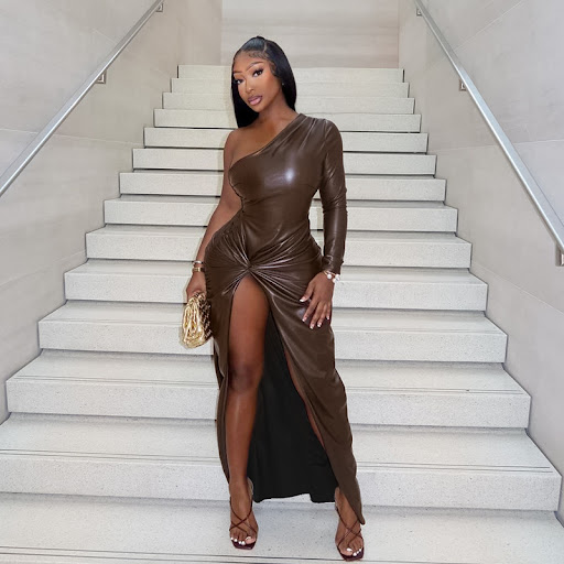 Title 19, Autumn Fashion Oblique Shoulder PU Split Dress