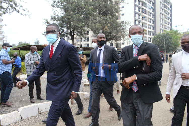 Nairobi Senator Johnson Sakaja and his Makueni counterpart Mutula Kilonzo Jr outside the Kilimani Police Station on Monday, July 20, 2020.