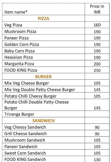 Food King menu 