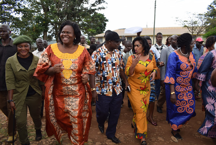 MPs Gladys Wanga (Homa Bay) Martin Owino (Ndhiwa), Esther Pasaris (Nairobi) and Lillian Gogo (Rangwe) during fundraiser in Ndhiwa town on October 6,2019.