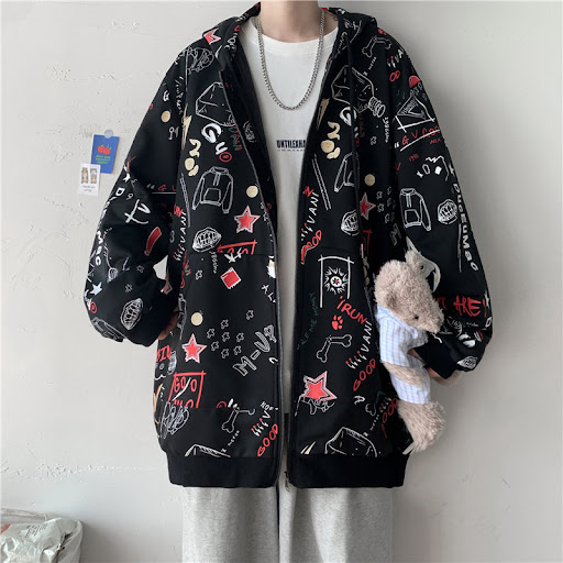Title 3, Plus Size Loose Graffiti Full Printed Cardigan ...