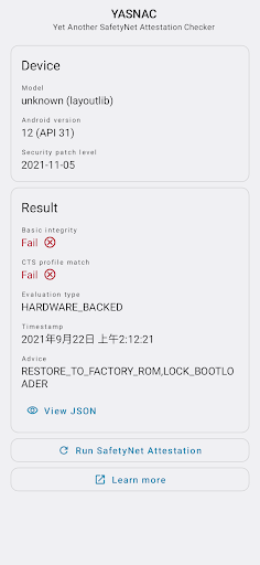 Screenshot YASNAC - SafetyNet Checker