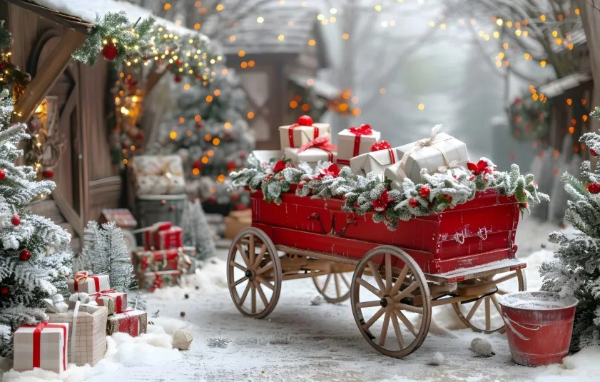 Rustic Sleighs: Wooden sleighs carrying gifts, evoking nostalgia, Cute Christmas Wallpaper