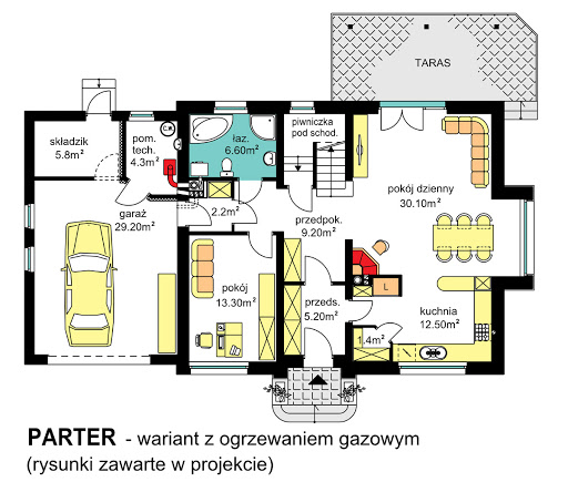 BW-44 wariant 1 - Rzut parteru - propozycja adaptacji - ogrzewanie gazowe