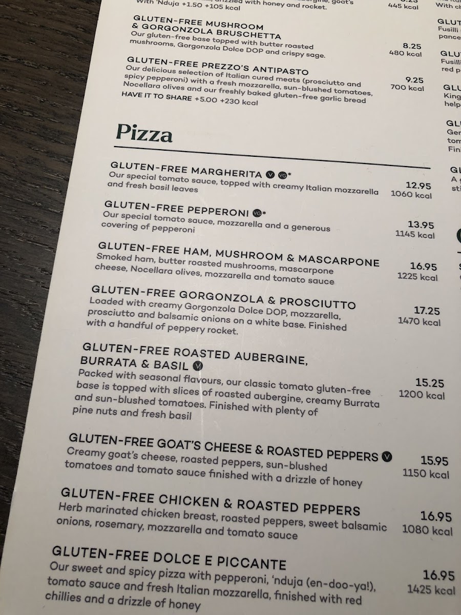 Prezzo Italian Restaurant gluten-free menu