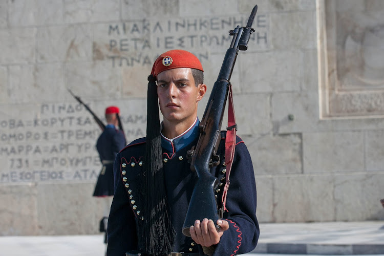 Closeup of one of the Evzones during the Changing of the Guard in Athens. 