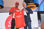 Brand Ambassador Samuel Eto ‘o with Brand Director Castle Lager – Vaughan Croeser during the Castle Lager Africa Media Launch at Discovery Soccer Park, Illovo.
