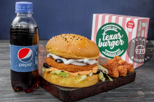 Chicken Burger With Chicken Popcorn [ 8 Pieces] And Soft Beverage