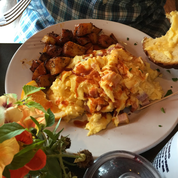 Frenchie egg sandwich with GF bread. Huge and delicious. Eat with a fork.