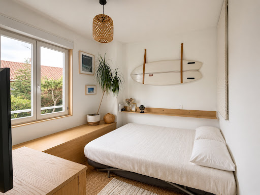 Bedroom with white bed and two surfboards - Prestige apartment / penthouse for sale in Biarritz, 3 rooms, 2 bedrooms