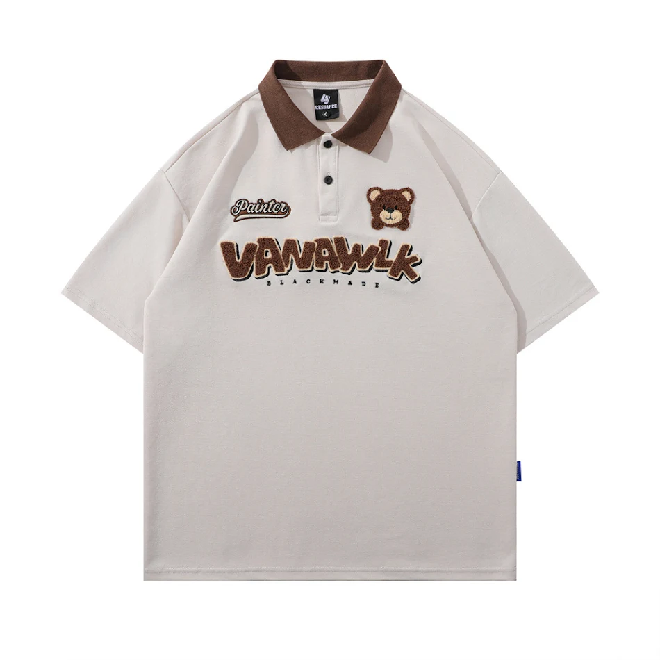 T-shirt uomo con ricamo orso flocking, maniche corte, vestibilità ampia, perfetto per un look casual e confortevole.