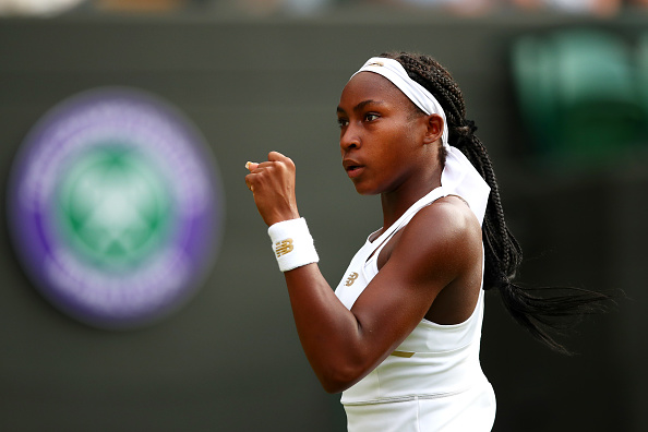 Cori Gauff celebrates winning a point during her first round Wimbledon match against Venus Williams on July 1 2019.