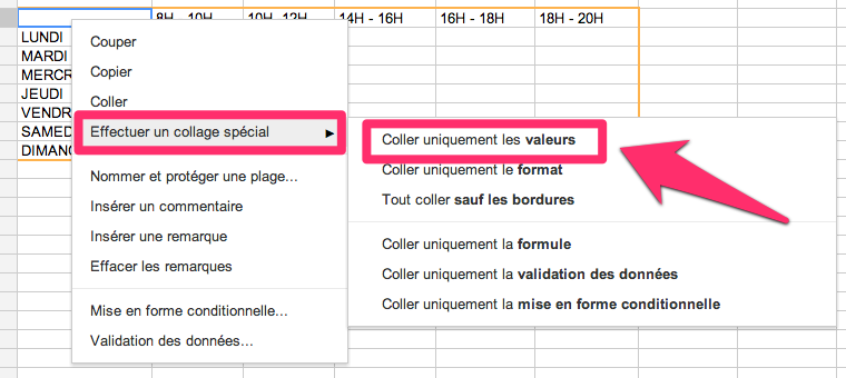 Google Sheets : effectuer un collage spécial pour coller uniquement les valeurs