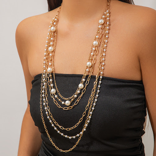 Title 4, Cold Stringed Pearls Long Necklace Suit for Wom...