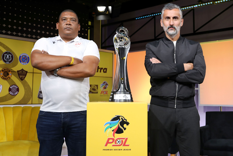 Sekhukhune United coach Brandon Truter with Orlando Pirates mentor Jose Riveiro during the 2023 MTN8 launch at the SuperSport studios, Johannesburg, on August 10 2023.