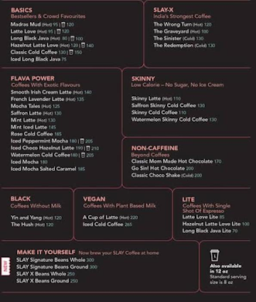 Slay Coffee menu 