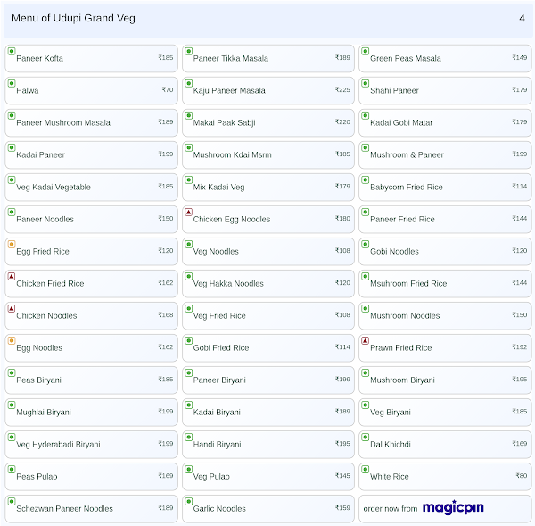 Udupi Grand Veg menu 