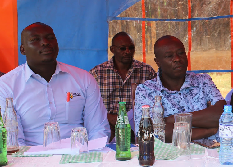 Nacada Central programs officer Robert Olweny and Mathira MP Rigathi Gachagua in Nyeri on Monday