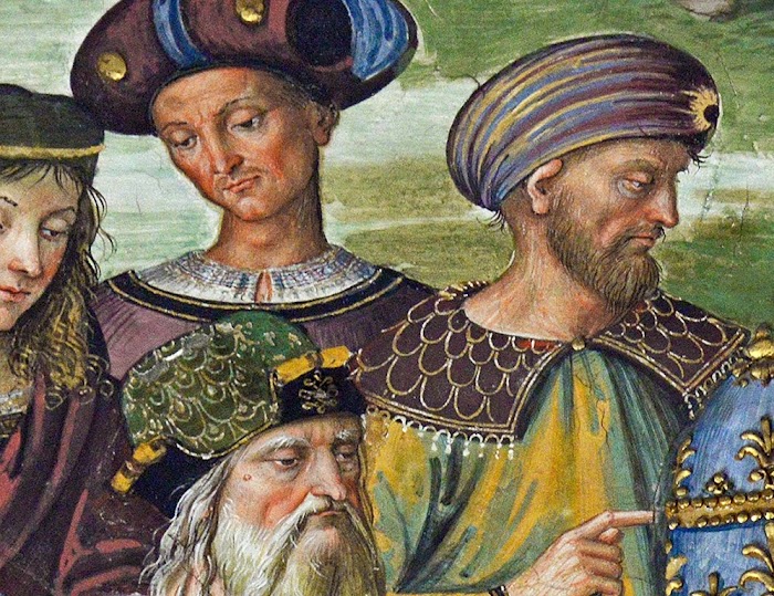 Pinturicchio, Libreria Piccolomini, Enea Silvio, vescovo di Siena, presenta Eleonora di Portogallo all'imperatore Federico III, Siena, Duomo (dettaglio)