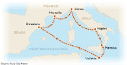 A map showing the six embarkation ports for the MSC Seaview in the Western Mediterranean.