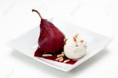 POACHED PEARS IN RED WINE SAUCE SERVED WITH A  HOMEMADE STEM GINGER AND MARMALADE ICECREAM