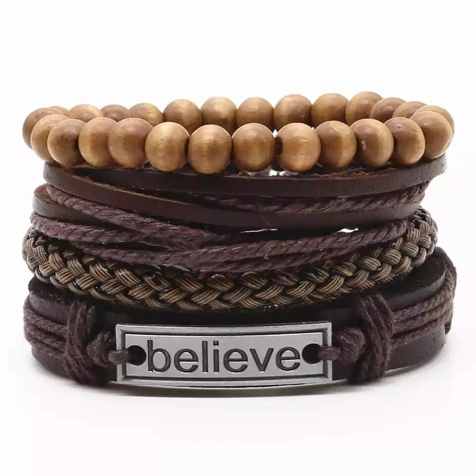 Pulseira Trançada Couro Camadas Múltiplas Conjunto Preto Eletroplacado Oito Caracteres Acessório Elegante para Homens e Mulheres