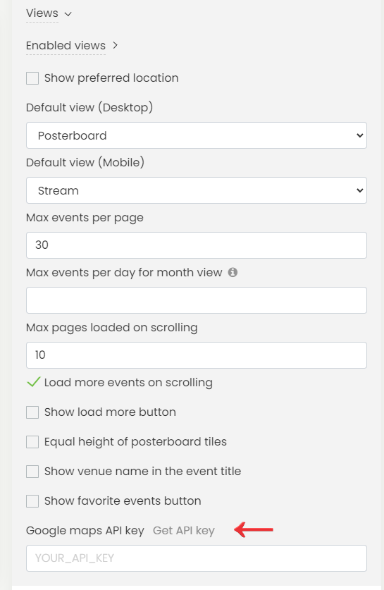print screen of the Views settings and Google maps API key field