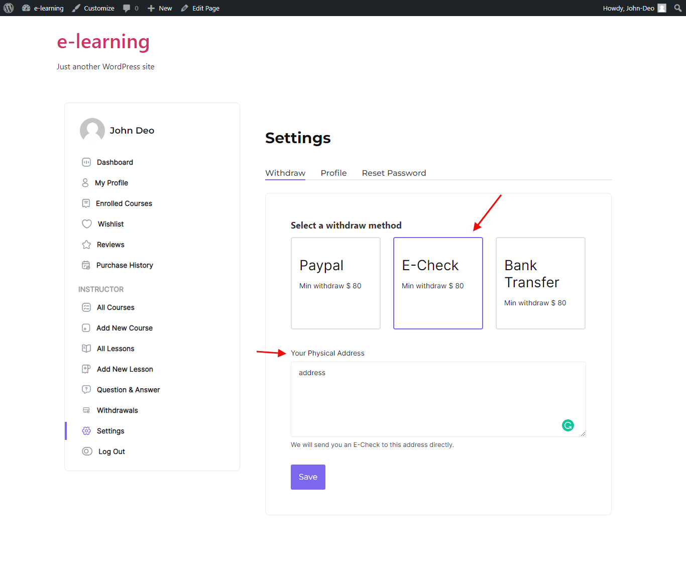 withdraw method e-check    