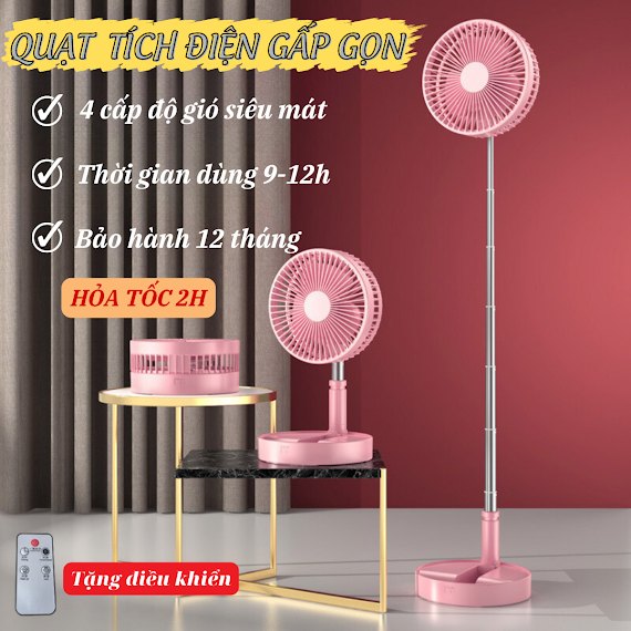 Quạt Tich Điện Sạc Pin, Quat Tich Dien Xài Hơn 8 Tiếng, Foldable Fan Pin 7200Mah Gấp Gọn Tiện Lợi Kéo Dài 1 Mét Kèm Điều Khiển Từ Xa