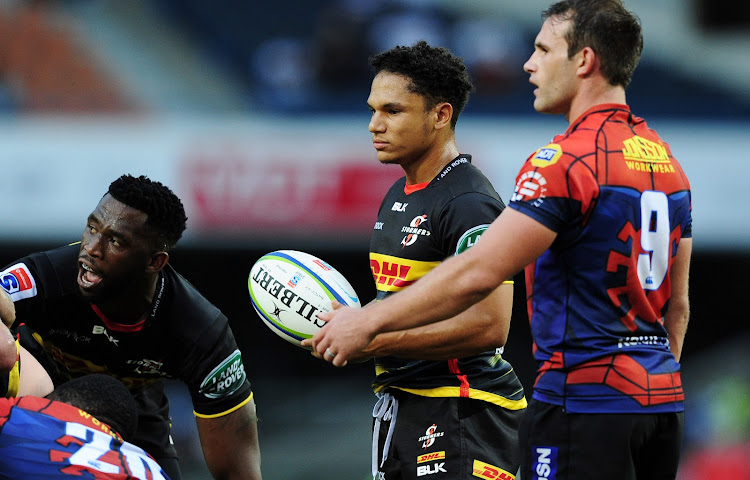 Herschel Jantjies (with ball in hand) of the DHL Stormers scored a try that levelled the scores during the Super Rugby last-minute win over the Emirates Lions at Newlands Stadium in Cape Town on February 23 2019.