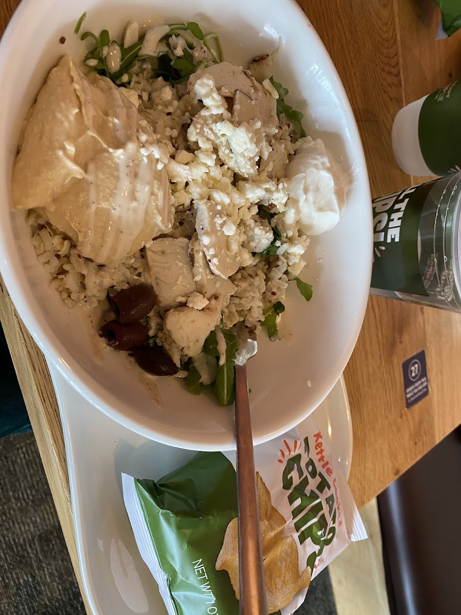 Mediterranean bowl with chicken (and I left off tomatoes and cucumbers)