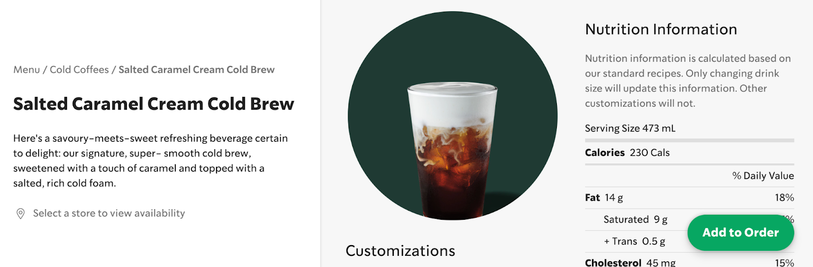 Salted Caramel Cream Cold Brew order page with nutrition facts.