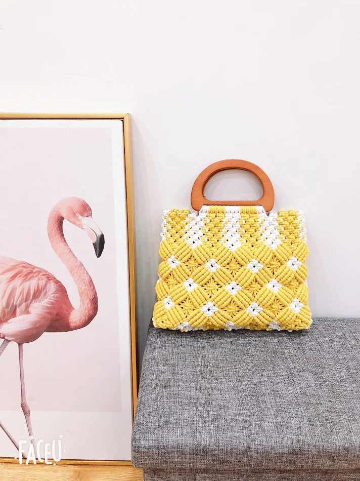 Diamond katoenen draad strandtas, handtas, stijlvol en ruim. Perfect voor het strand, duurzaam en met grote capaciteit.