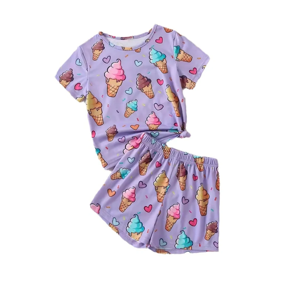 Meisjes paarse ijsje print korte mouw shorts set, klein, liefde, cool, perfect voor warme zomerdagen.
