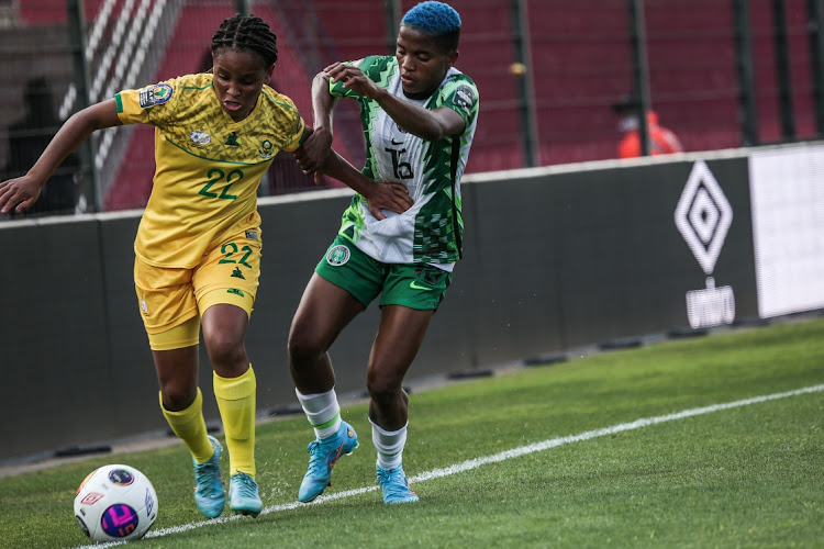 Rasheedat Ajibade of Nigeria and Amogelang Masego Motau of South Africa during the 2022 Total African Women's Cup of Nations (WAFCON) between Nigeria and South Africa at Rabat Stadium on July 04, 2022 in Rabat, Morocco.