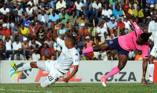 Mwape Musonda of Black Leopards is challenged David Booysen of Stellenbosch during the NFD Promotion Playoffs match between Black Leopards and Stellenbosch on 03 June 2017 at Thohoyandou Stadium. Sydney Mahlangu /BackpagePix