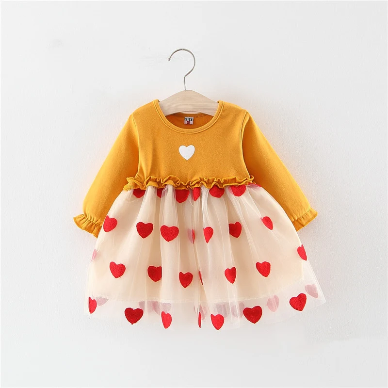 Robe fille couleur unie avec coutures, dentelle cœur et mesh, fausses manches longues, idéale pour les occasions spéciales et au quotidien.