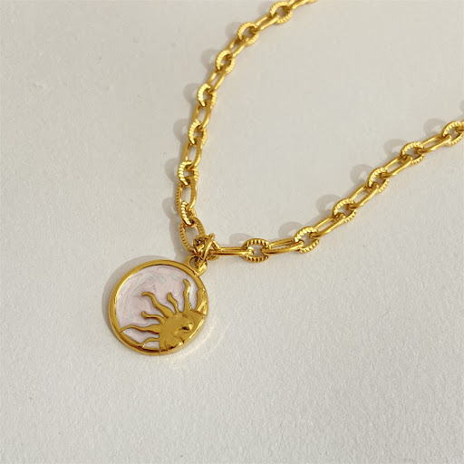 Title 6, Sun Moon Round Mother Shell Pendant Necklace, a...