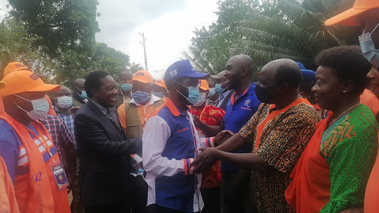 Kisumu Governor Anyang' Nyong'o and ODM party National Treasurer Timothy Bosire with leaders from the county during the launch of Azimio la Umoja Regional Headquarters on Monday, February 21, 2022.