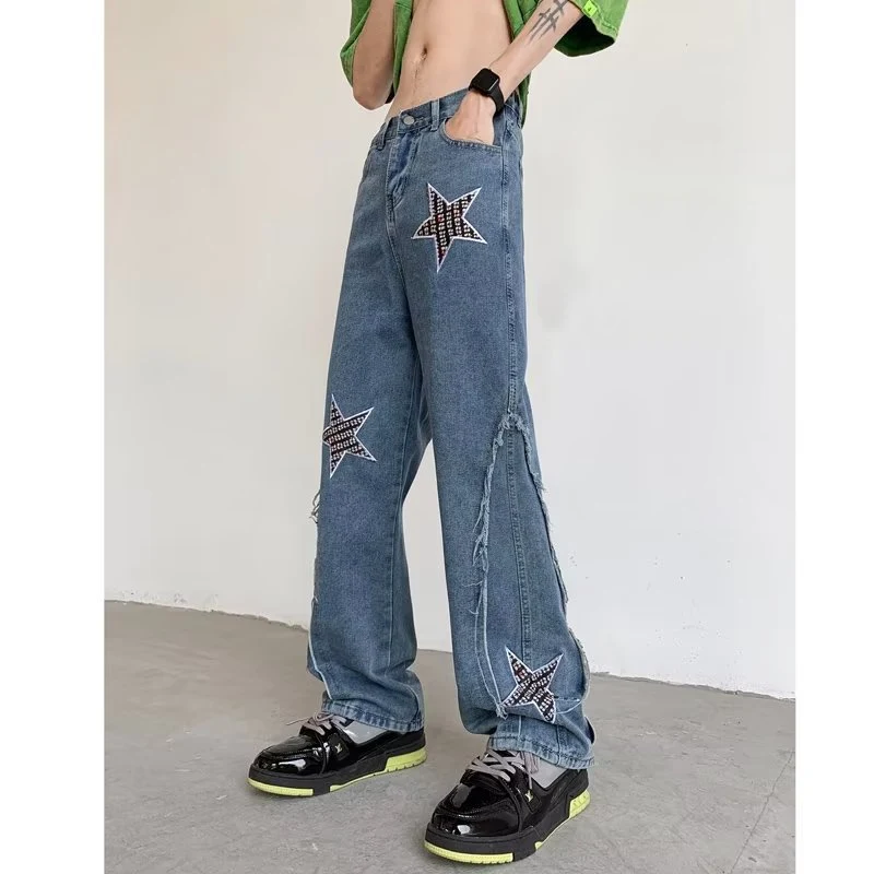 Jean American Retro Vibe XINGX avec Coutures Patchwork Style Vintage pour un Look Unique et Confortable au Quotidien.