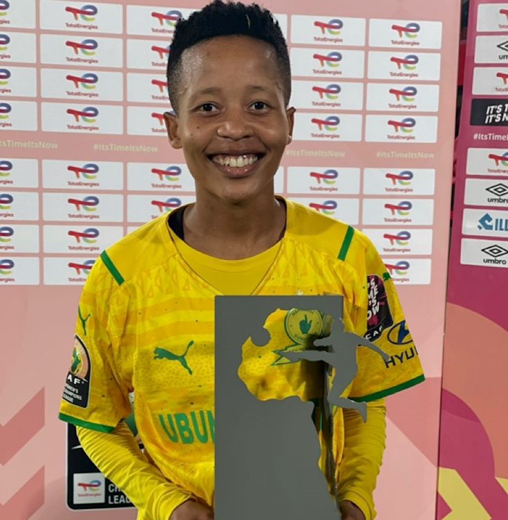 Oratile Mokwena with her woman of the match award she won as Mamelodi Sundowns' women beat NigerisaRivers Angels 1-0 in their second Group B match at Al-Salam Stadium in Cairo, Egypt on Tuesday, October 9 2021.