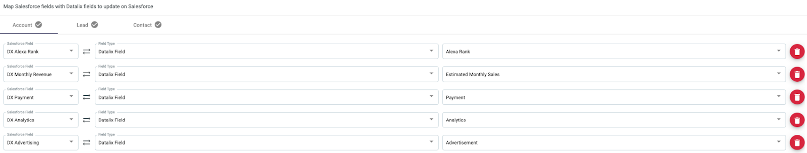 Datalix CRM field mappings. Datalix integrates with Salesforce and HubSpot CRMs.