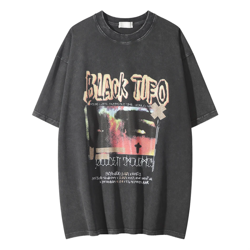 Heren Crew Neck T-shirt Dark Cross Washed Distressed Casual Streetwear Stijlvol Comfortabel Perfect voor Dagelijks Gebruik.