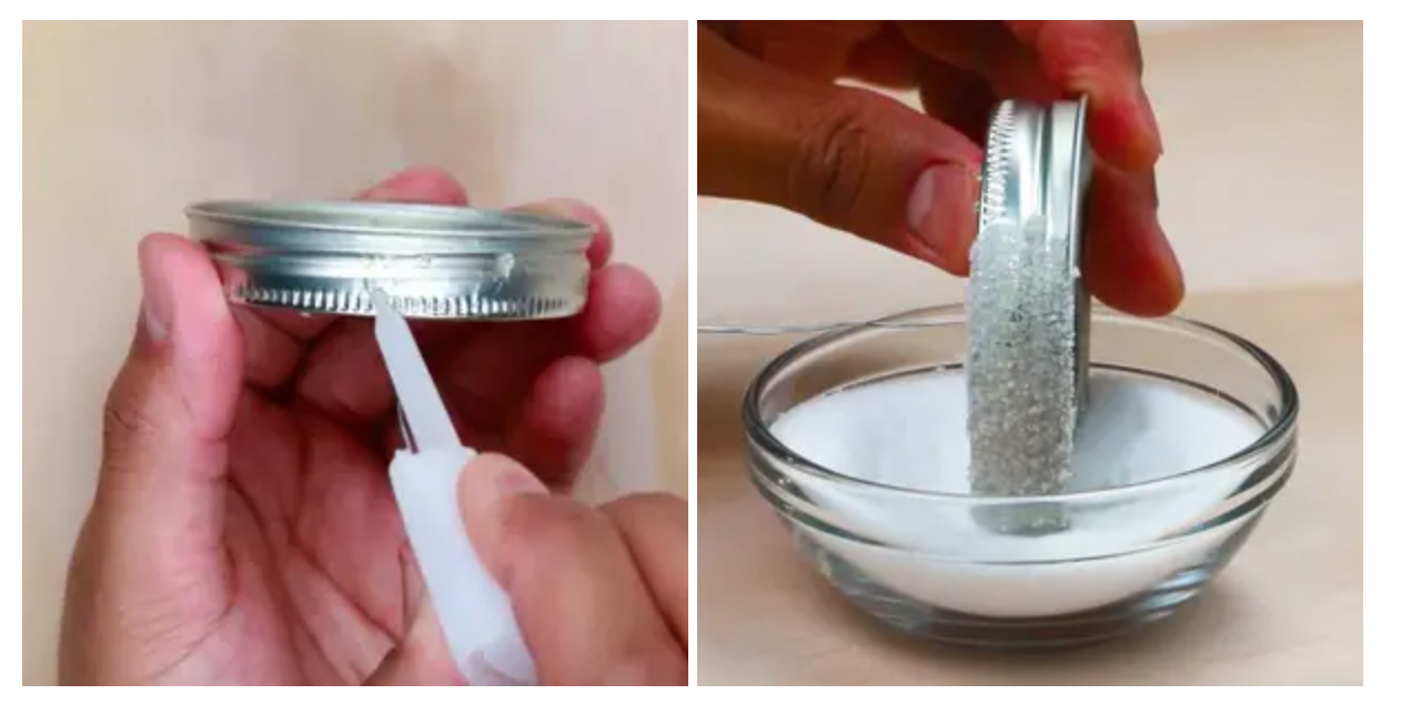 gluing alum powder to the rim of a mason jar lid