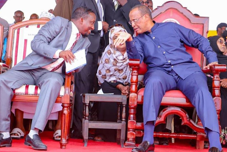 Garissa Deputy Governor Abdi Dagane and Governor Nathif Jama during the swearing-in ceremony.