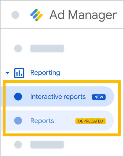 Image showing the "Reports" tool with a "Deprecated" label in Ad Manager reporting, with the "Interactive reports" feature labeled "new" above it