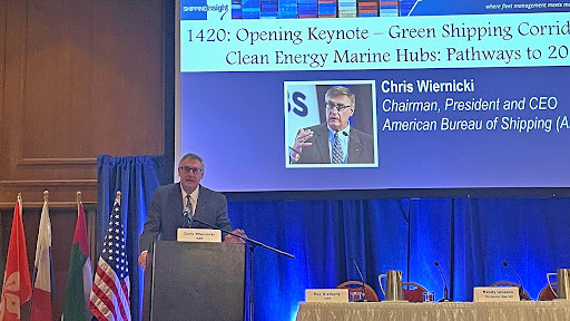 Christopher J. Wiernicki, ABS Chairman, President and CEO, delivers the keynote address focused on green shipping corridors at the 2022 SHIPPINGInsight conference in Stamford, CT. (Photo: Business Wire)