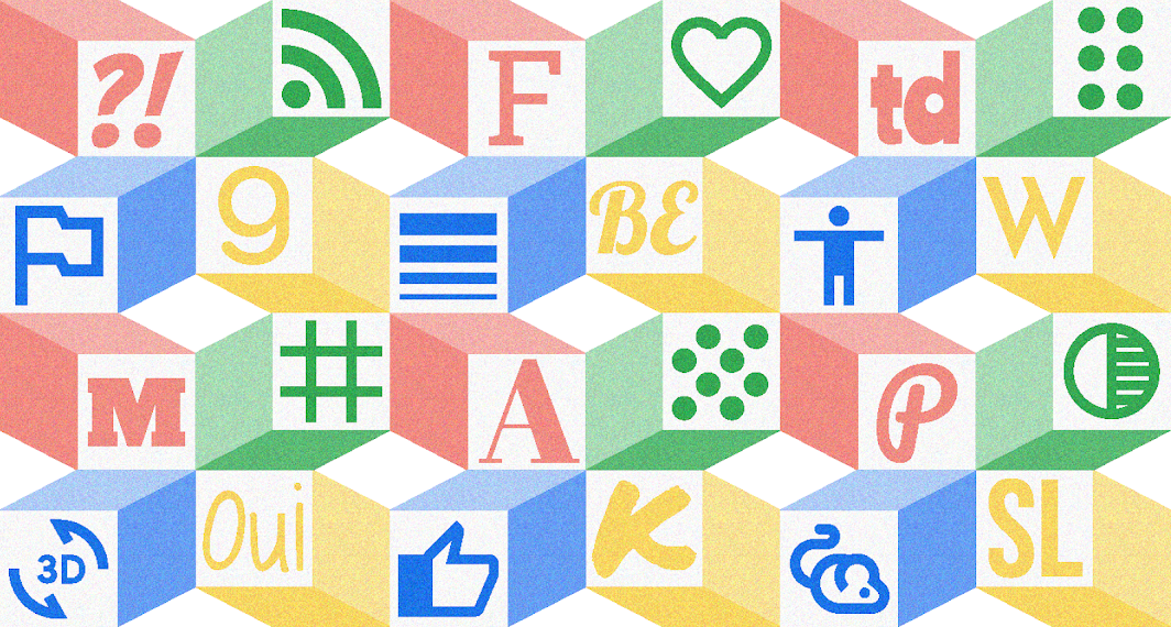 illustration showing various typefaces and icons in Google brand colors