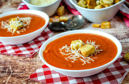 Two bowls of Rustic Farm Fresh Tomato Soup.